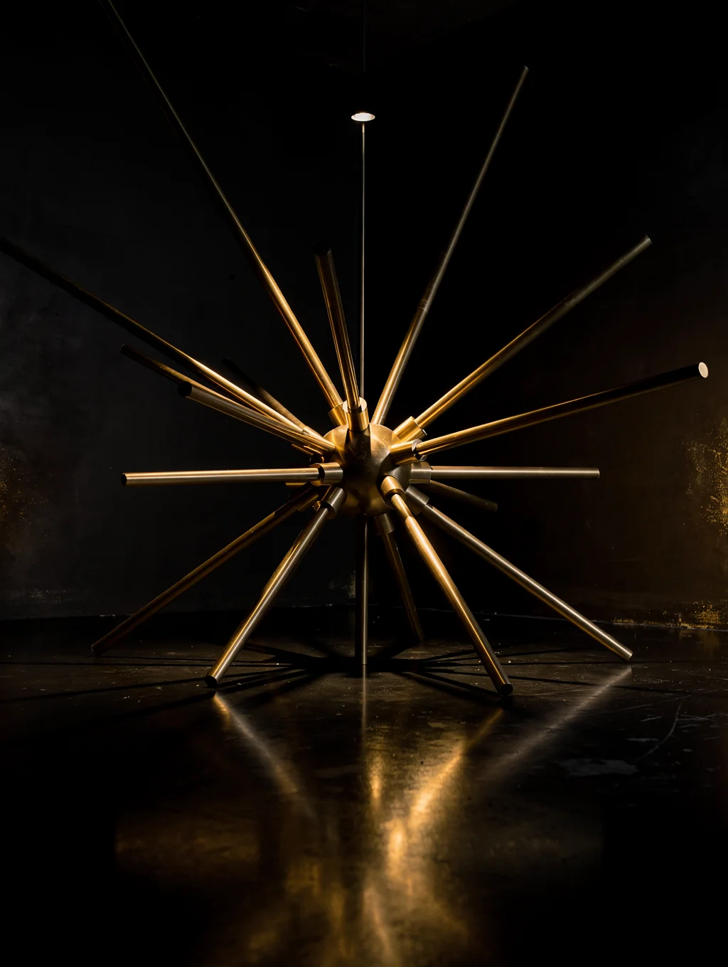 Close-up of a hand-brushed brass sun-ray lamp installation
